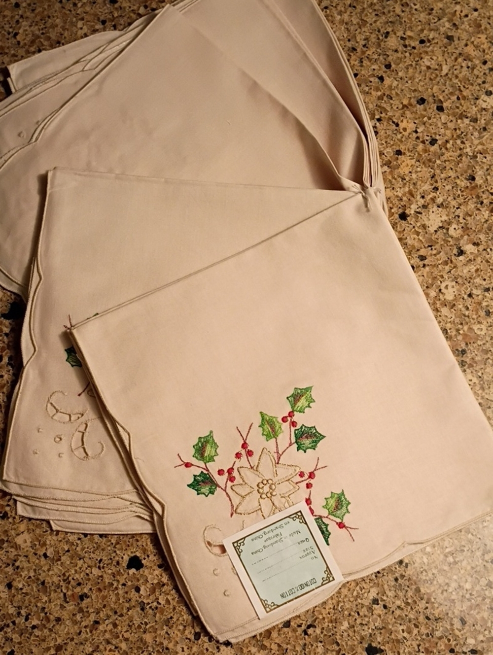 Mid Century Never Used Shantung Embroidered Holiday Napkin Set of 12, Cream